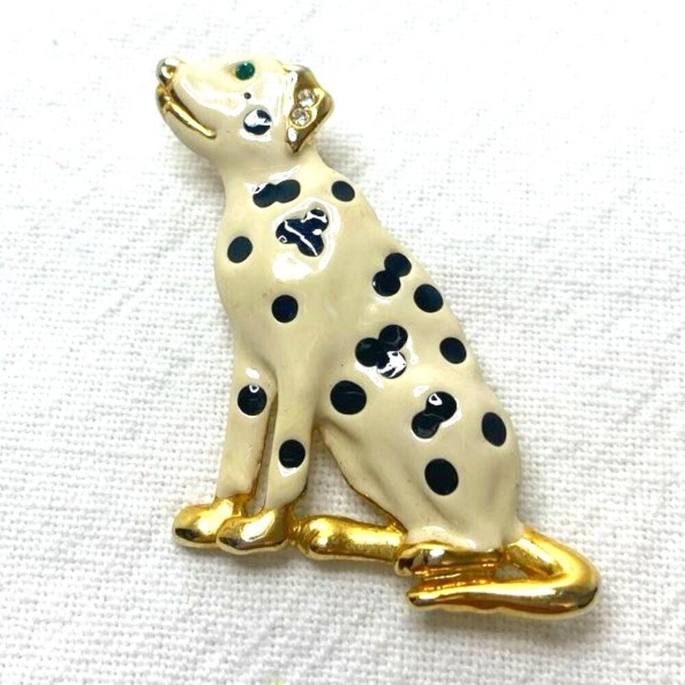 Vintage Dalmatian Dog Pin Brooch Enamel‎ Rhinestone Green Eye